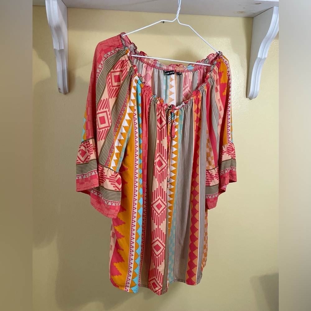 Unique Spectrum Bell Sleeve Blouse in Pink and Orange